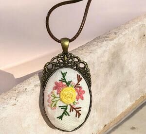 Handmade Yellow Floral Pendant necklace - Embroidery Necklace